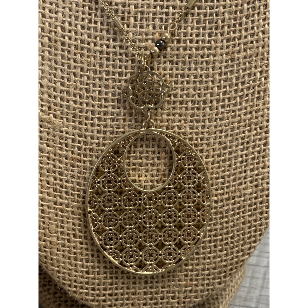 Gold Tone Long Filigree Pendant Necklace 30 Inch Geometric Openwork Boho 4901